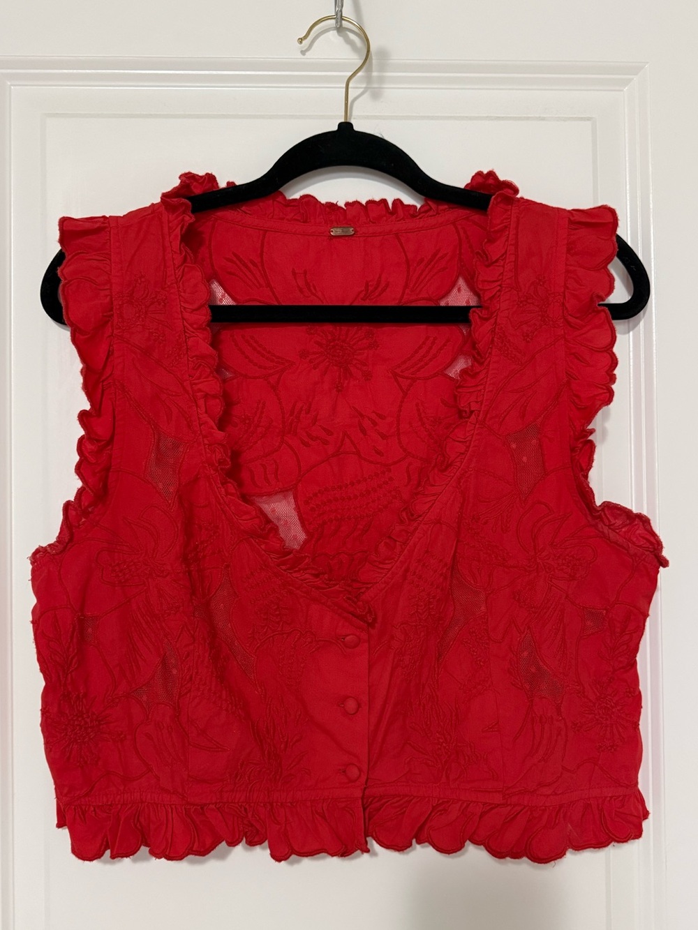Free People Red Embroidered Ruffle Vest